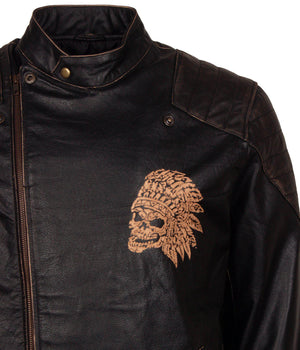 Men's Black Red Indian Skull Real Leather Biker Jacket with Ride Inscription