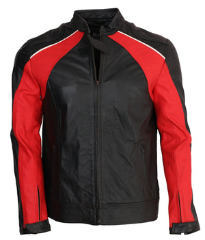 Men's Red and Black Genuine Leather Motocross Jacket with Sporty Design