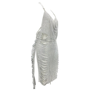 Crystal Embellished Halter Mini Dress with Side Slit and Backless Design
