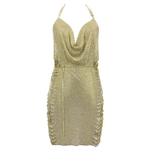 Crystal Embellished Halter Mini Dress with Side Slit and Backless Design