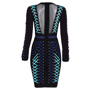 Blue and Black Lace-Up Long Sleeve Mini Bodycon Dress with Mesh Inserts for Women