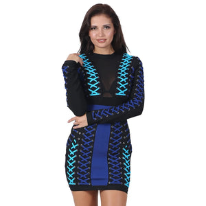 Blue and Black Long Sleeve Mesh Mini Dress with Multi Lace-Up Bandage Design for Women