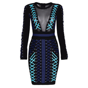 Blue and Black Lace-Up Long Sleeve Mini Bodycon Dress with Mesh Inserts for Women