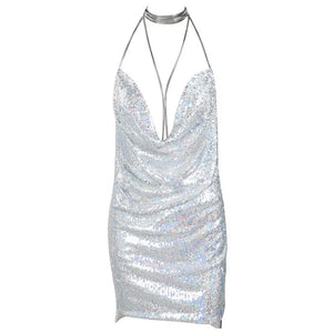 Rose Gold Sequin Mini Dress with Chain Halter Neckline and Backless Design for Summer Parties