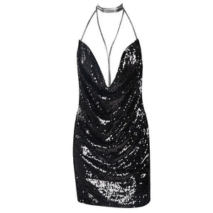 Rose Gold Sequin Mini Dress with Chain Halter Neckline and Backless Design for Summer Parties