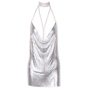 Silver Halter Mini Dress with Crystal Chain Neckline, Sleeveless Backless Party Dress