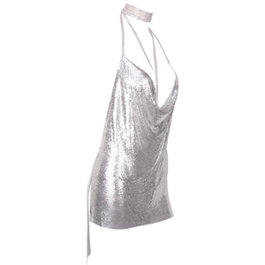 Silver Halter Mini Dress with Crystal Chain Neckline, Sleeveless Backless Party Dress