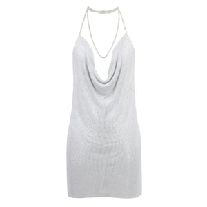 Silver Halter Mini Dress with Crystal Chain Neckline, Sleeveless Backless Party Dress