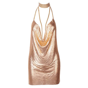 Silver Halter Mini Dress with Crystal Chain Neckline, Sleeveless Backless Party Dress