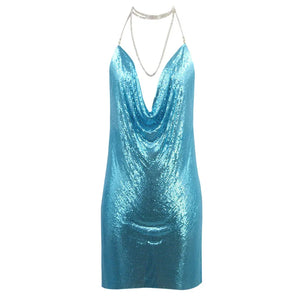 Silver Halter Mini Dress with Crystal Chain Neckline, Sleeveless Backless Party Dress