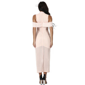 Turtleneck Off Shoulder Crystal Embellished Maxi Dress with Front Slit and Pearl Beading