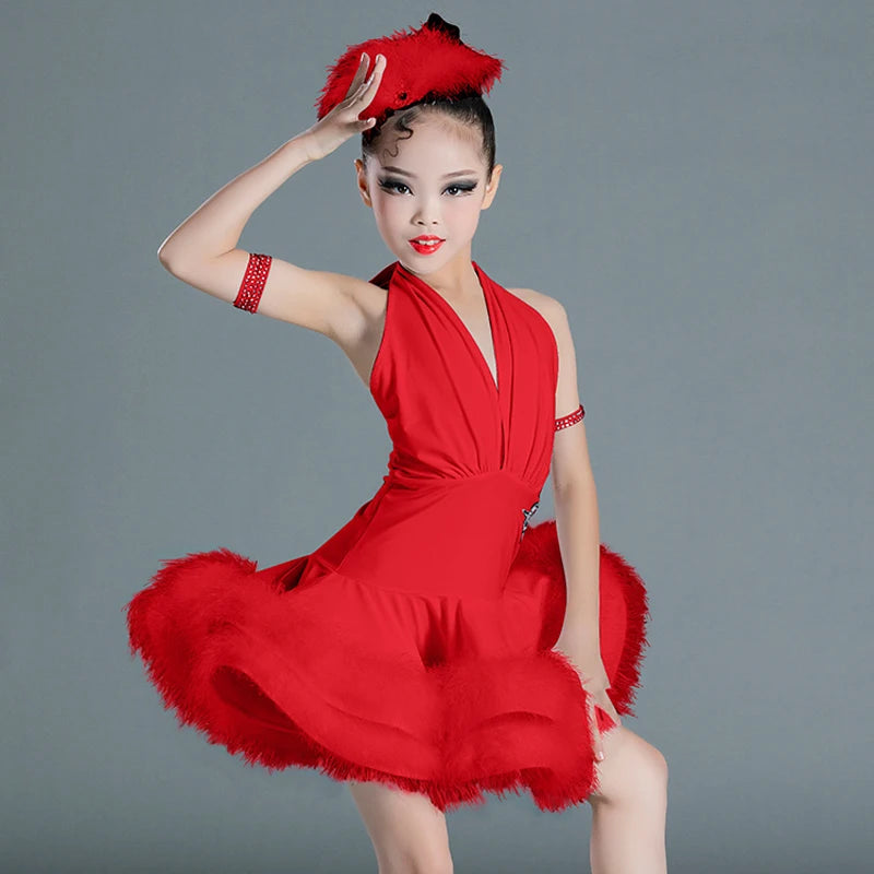 Girls Latin Dance Dress, White Halter Feathered Ruffle Skirt, Red Halter Feathered Ruffle Skirt