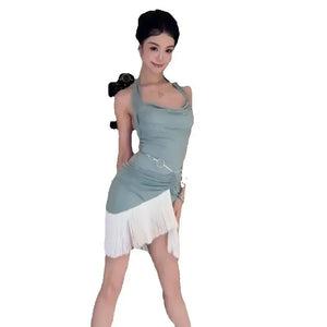 Women's Sage Green Halter Cowl Neck Ruched Fringe Mini Latin Dance Dress