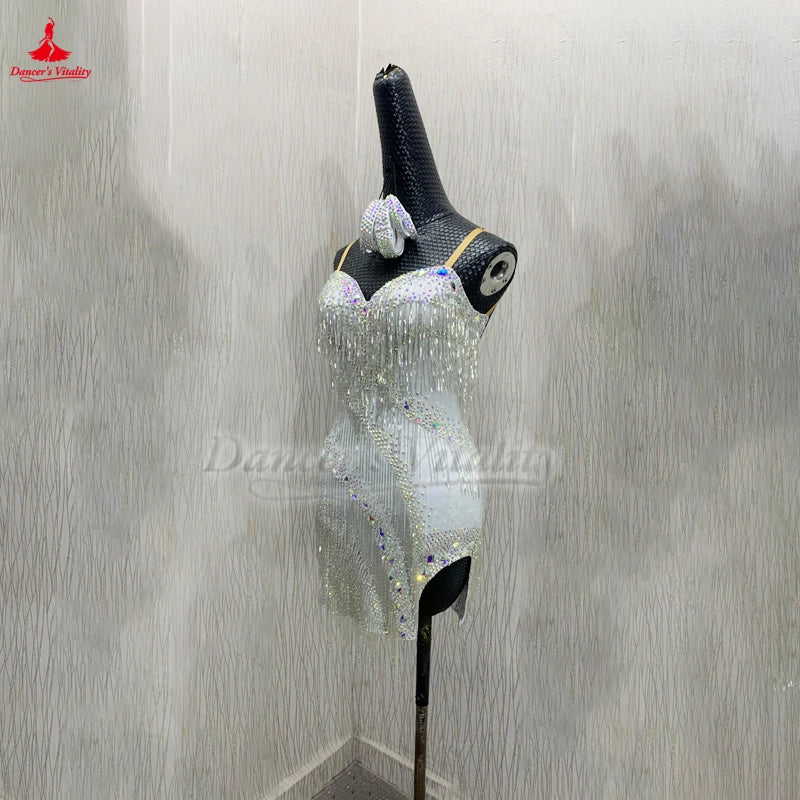 Women's Latin Ballroom Dance Dress With Beaded Fringe Sleeveless For Competition And Performance