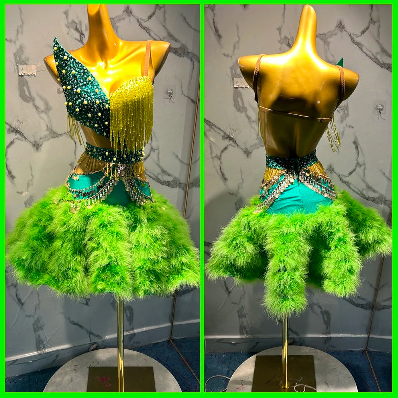 Women's Green & Yellow Beaded Fringe Feather Latin Dance Dress