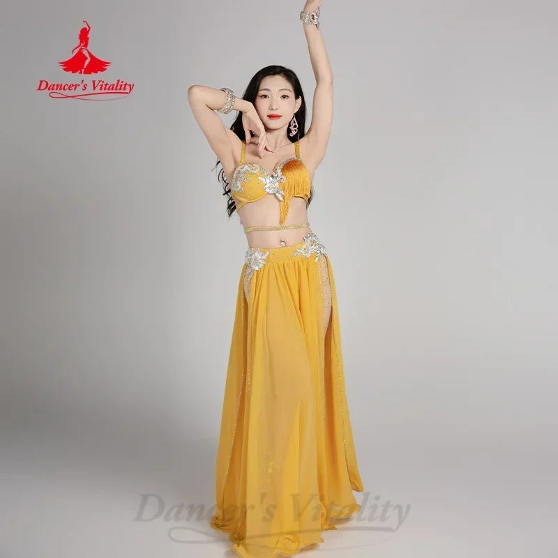 Belly Dance Costume for Women, Red Chiffon Sequin Embroidered Bra and Skirt Set, Professional Performance Outfit