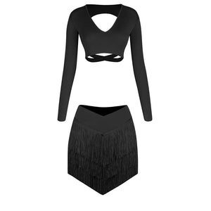 Women's Pink, Brown, Black V-Neck Long Sleeve Crop Top & Fringe Latin Dance Skirt Set