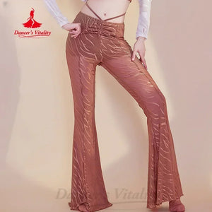 Women's Brown Sheer Zebra Print Ruched Flare Dance Pants for Belly Dance