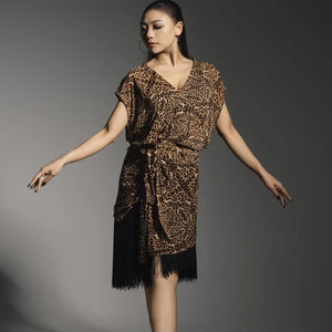 Women's Brown Leopard Print Fringe Latin Dance Dress