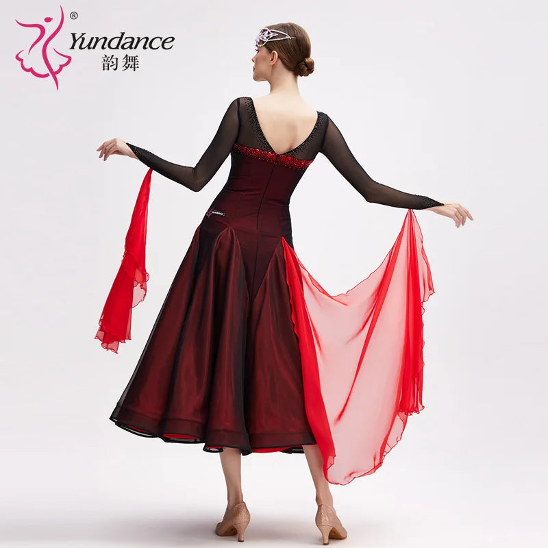 Women's Ballroom Dance Dress International Standard Chiffon Lace Red and Black For Practice