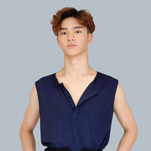 Men's Gray & Navy Ribbed Sleeveless Henley Dance Top with High-Waisted Black Pants, Modern Lyrical Ballet Contemporary Dancewear