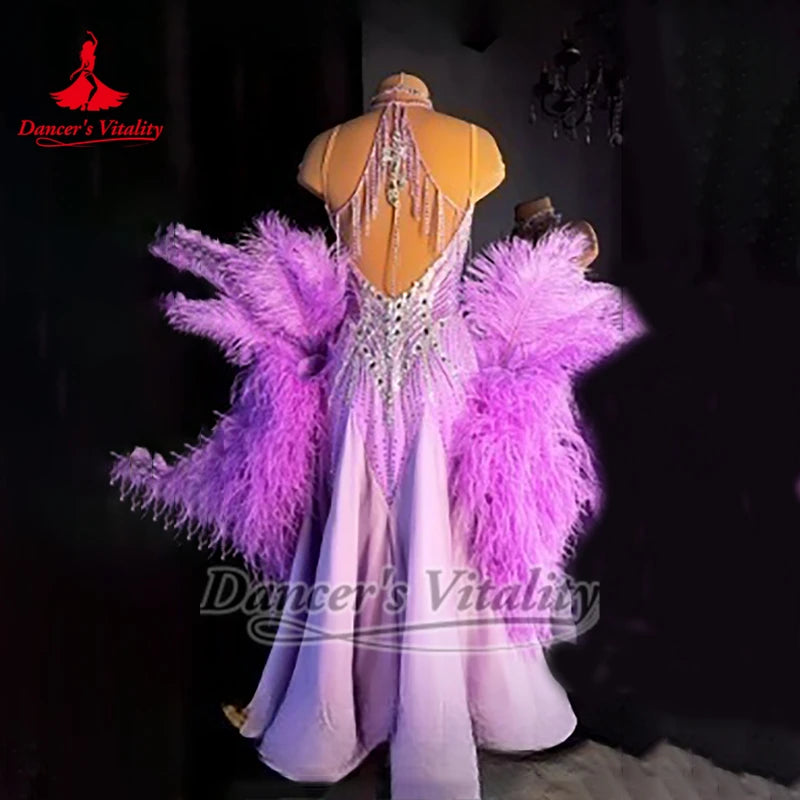 Ballroom Dance Purple Sexy Sleeveless Backless Professional Graceful Dress Dancer's Vitality Adult Foxtrot Feather Style Outfit