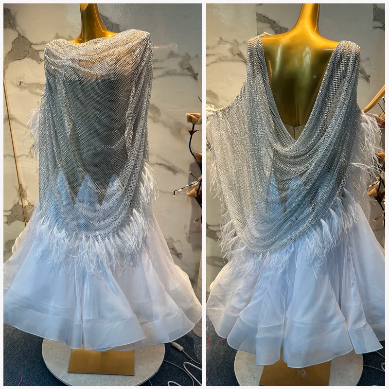 Women's White & Silver Rhinestone Feather Latin Dance Dress
