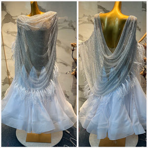 Women's White & Silver Rhinestone Feather Latin Dance Dress