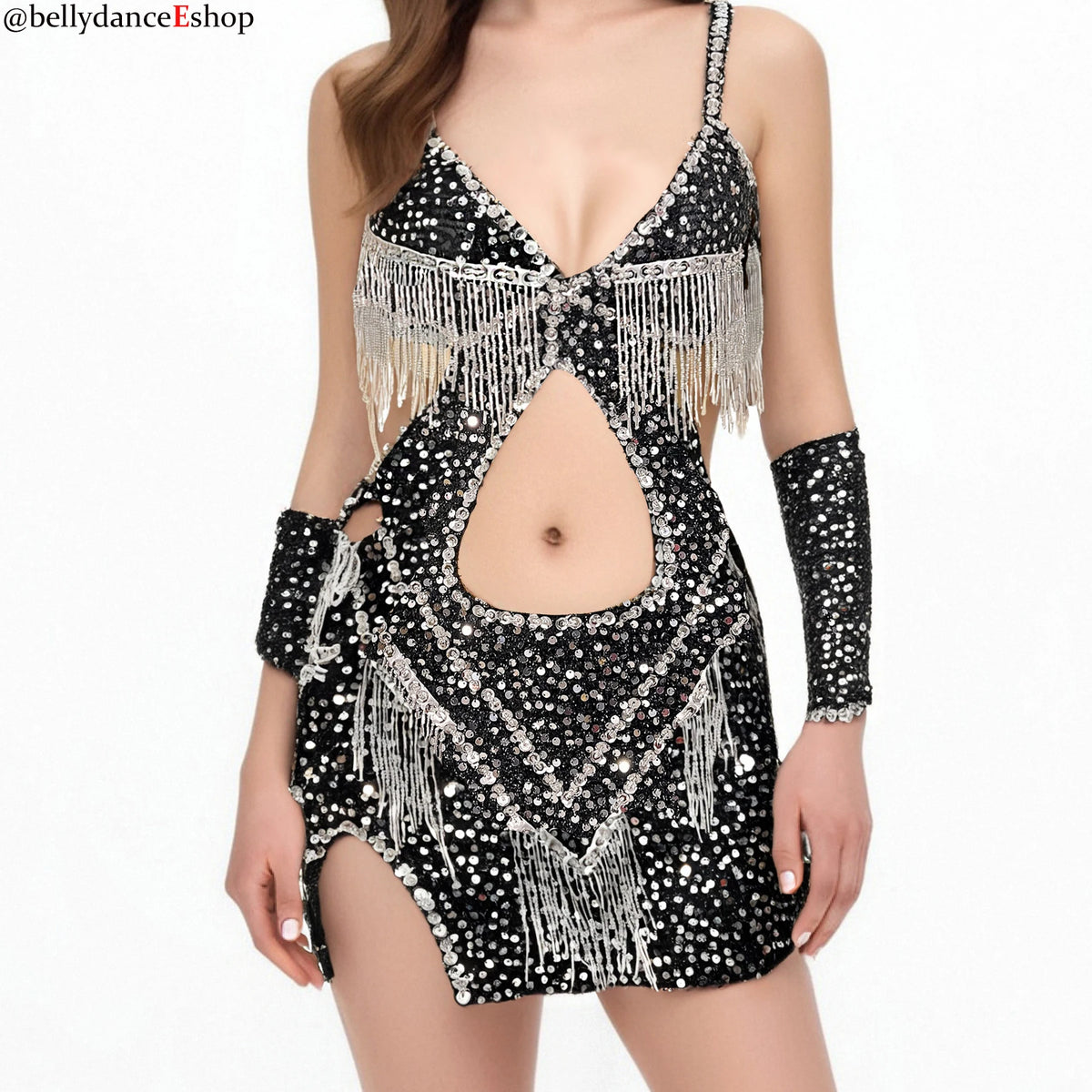 Women's Black Sequin Fringe Cutout Mini Dress Belly Dance Costume