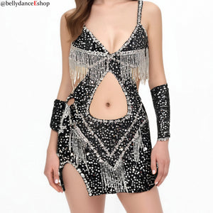 Women's Black Sequin Fringe Cutout Mini Dress Belly Dance Costume