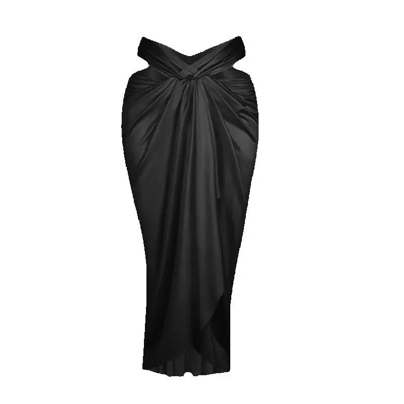 Women's Black Lace Off-Shoulder Crop Top & Satin Cutout Ruched Skirt Latin Dance Dress