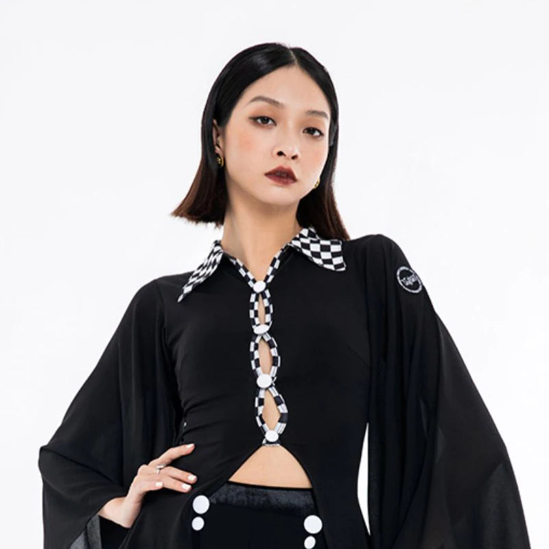 Women's Black Checkered Collar Bell Sleeve Flowy Top & Wide Leg Pants Latin Dancewear