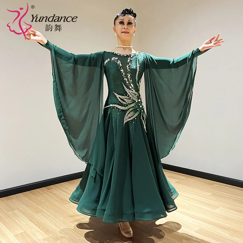 Women's Standard Ballroom Dance Dress With Chiffon Fabric In Green For Performance