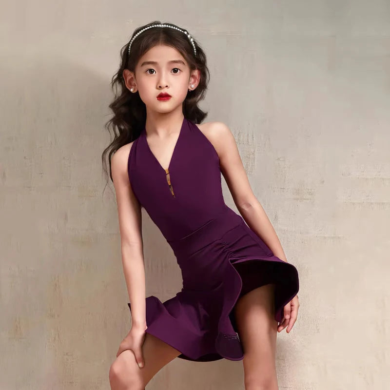 Girls' Purple Halter Neck Ruffled Performance Dance Dress, Lycra Spandex, Latin Ballroom