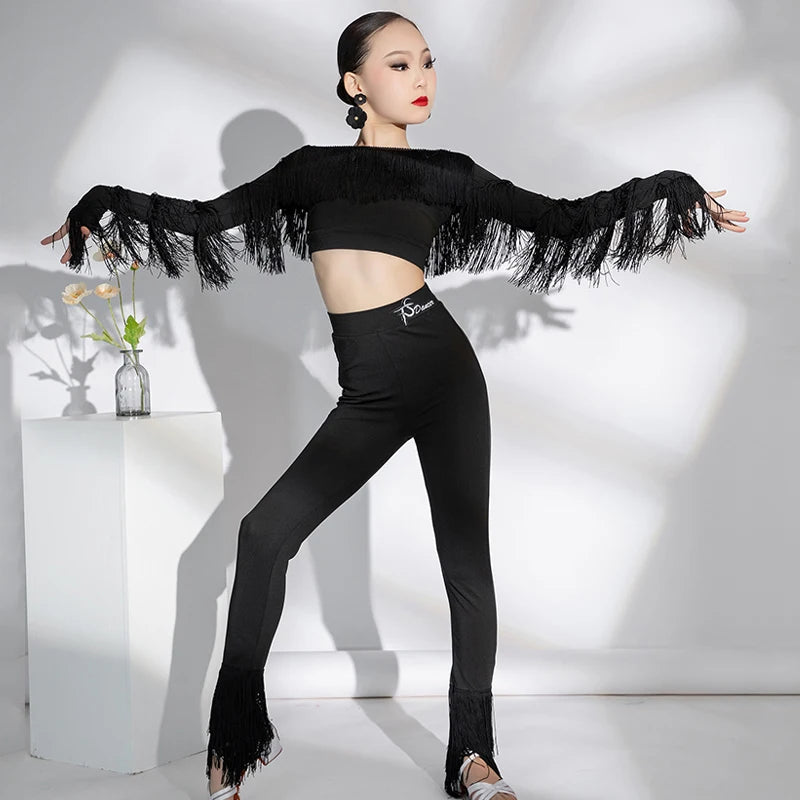 Kids Girls Black Fringe Latin Dance Crop Top and Pants, Leopard Print Fringe Latin Dance Crop Top and Pants