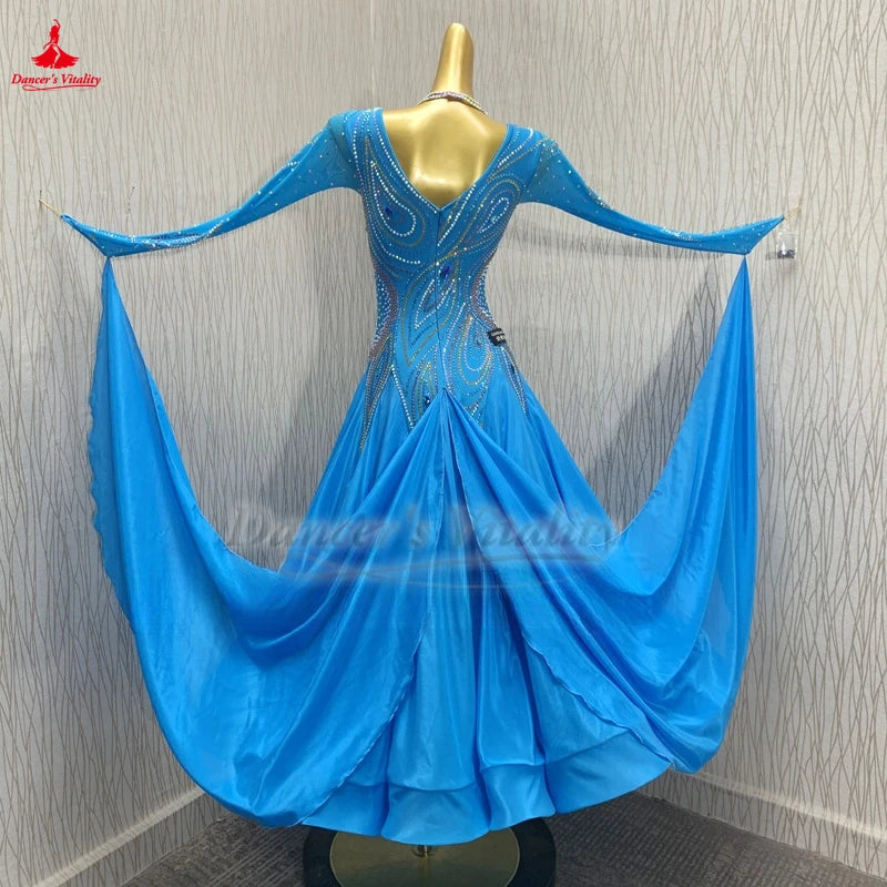 Blue Long Sleeve Waltz Professional Big Swing Dresses Customized Adult Ballroom Dance Foxtrot Tango Contest Attire