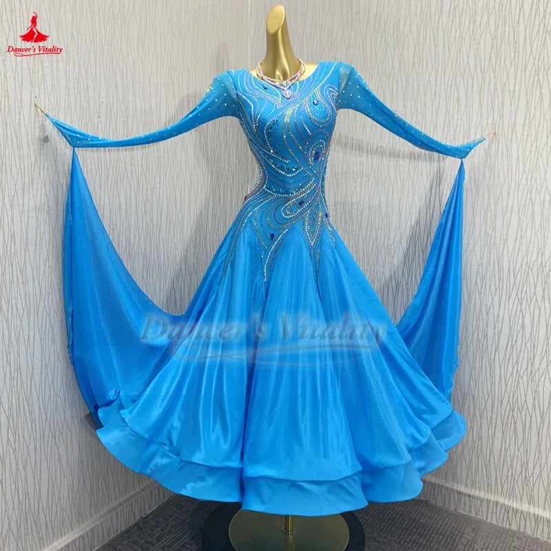 Blue Long Sleeve Waltz Professional Big Swing Dresses Customized Adult Ballroom Dance Foxtrot Tango Contest Attire