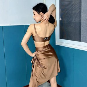 Women's Bronze Satin Ruffled Crop Top and Mini Skirt Set, Latin Dance