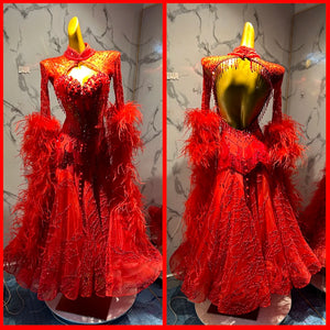 Women's Red Beaded Feathered Open Back Ballroom Dance Dress