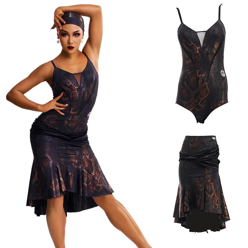 Women's Black & Brown Snakeskin Print Mesh V-Neck Bodysuit & High-Low Skirt Latin Dance Dress