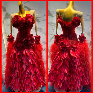 Women's Red Feathered Ballroom Latin Dance Dress with Floral Appliques and Beading