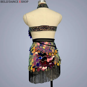 Belly Dance Halter Top and Skirt Set, Women's Iridescent Sequin Fringe Latin Dance Costume