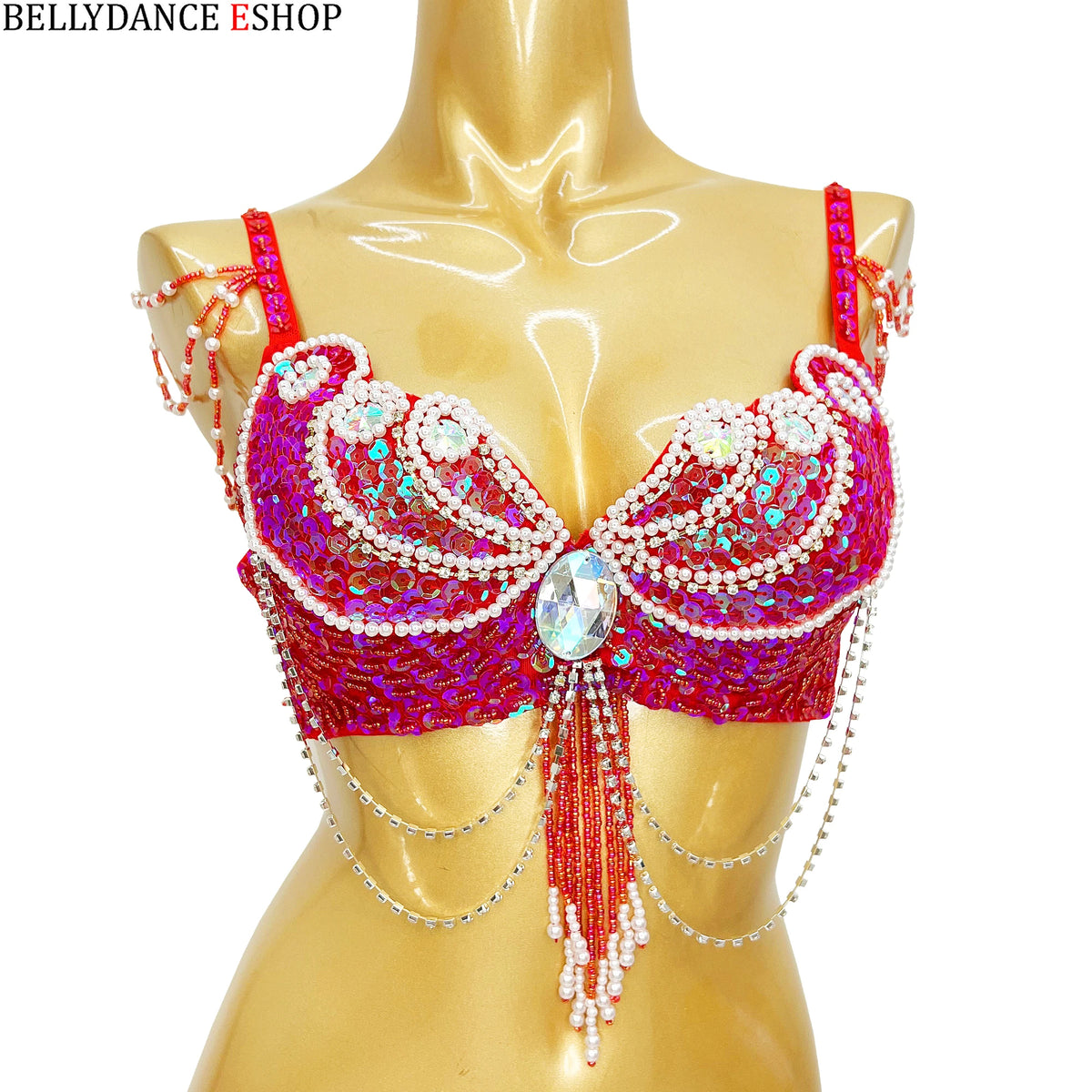 Women's Red Sequin & Pearl Beaded Belly Dance Bra Top with Shoulder & Waist Chains