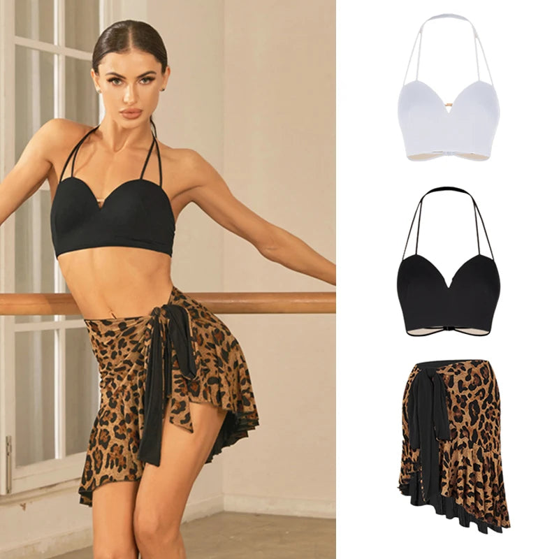 Dance Crop Top and Skirt Set Women's Black and Leopard Print Halter Neck Sweetheart Ruffle Hem Latin Dancewear
