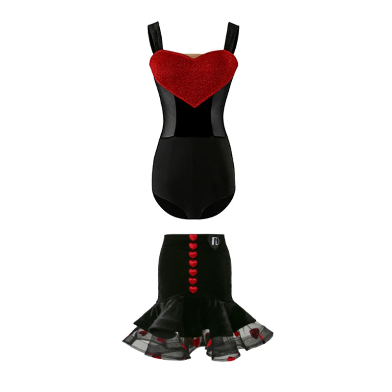 Girls Black & Red Velvet Glitter Heart Mesh Latin Dance Dress