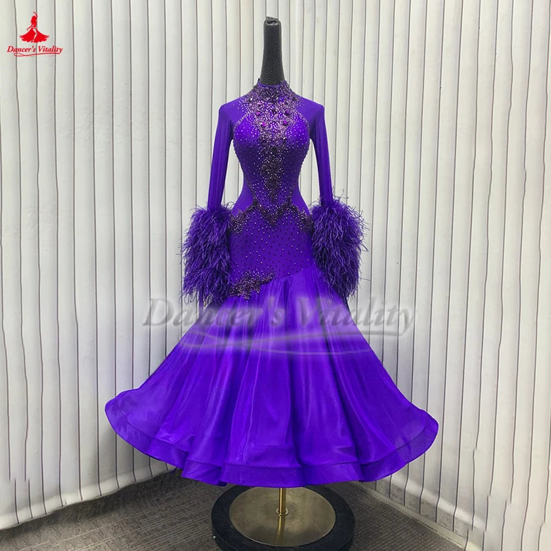 Adult Women's Ballroom Dance Dress With Turtleneck Full Skirt Purple For Waltz Foxtrot Tango Quickstep