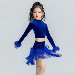 Girls Royal Blue Velvet Fringed Latin Dance Dress with Feather Cuffs and Hem, Mock Neck Crop Top and Skirt Set