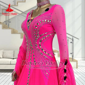 Ballroom Dance Dress Women's Hot Pink Rhinestone Mesh Long Sleeve V-Neck Chiffon Standard Smooth Competition Gown
