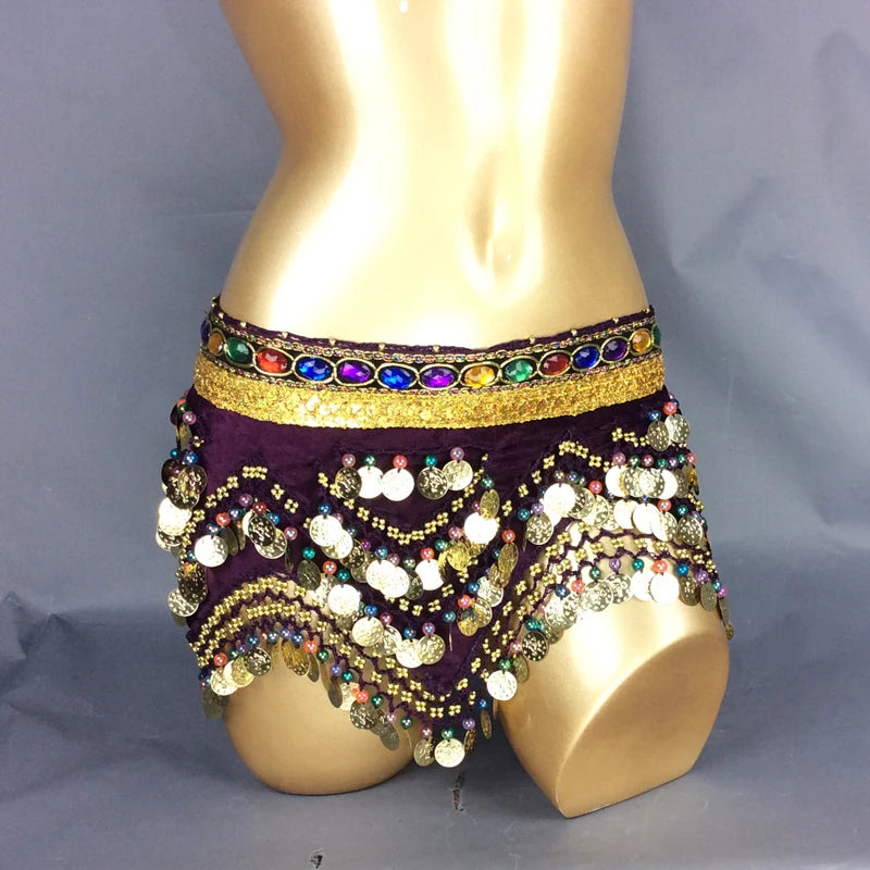 Belly Dance Hip Scarf, Women's Blue Gold Coin & Jewel Embellished Chiffon Waist Wrap, Tribal Fusion Bellydance
