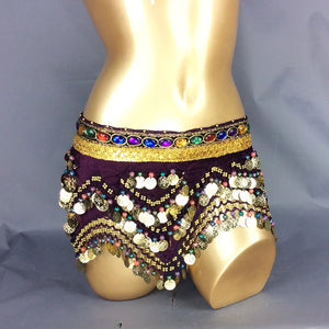 Belly Dance Hip Scarf, Women's Blue Gold Coin & Jewel Embellished Chiffon Waist Wrap, Tribal Fusion Bellydance